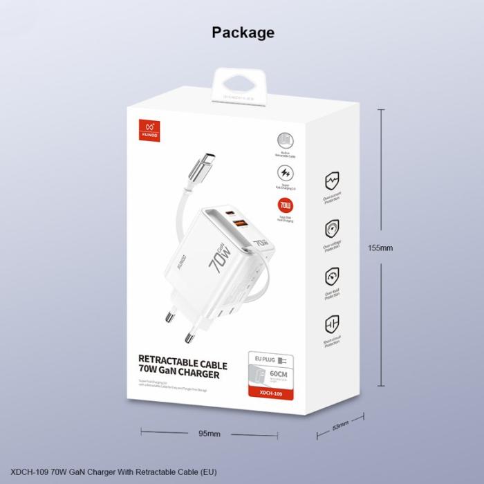 OEM - XUNDD XDCH-109 70W GaN Snabbladdare med utdragbar Type-C-kabel - EU-plugg