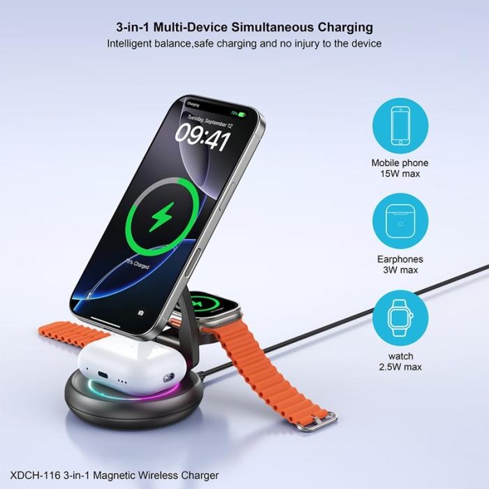 OEM - XUNDD XDCH-116 3-i-1 Magnetisk Trådlös Laddare för Mobil / Hörlurar / Klocka