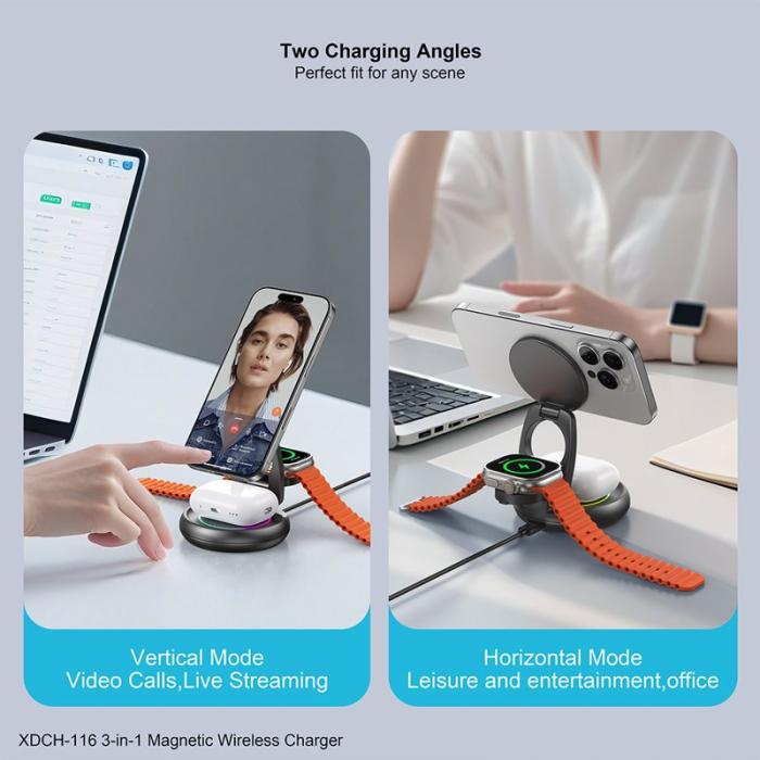 OEM - XUNDD XDCH-116 3-i-1 Magnetisk Trådlös Laddare för Mobil / Hörlurar / Klocka