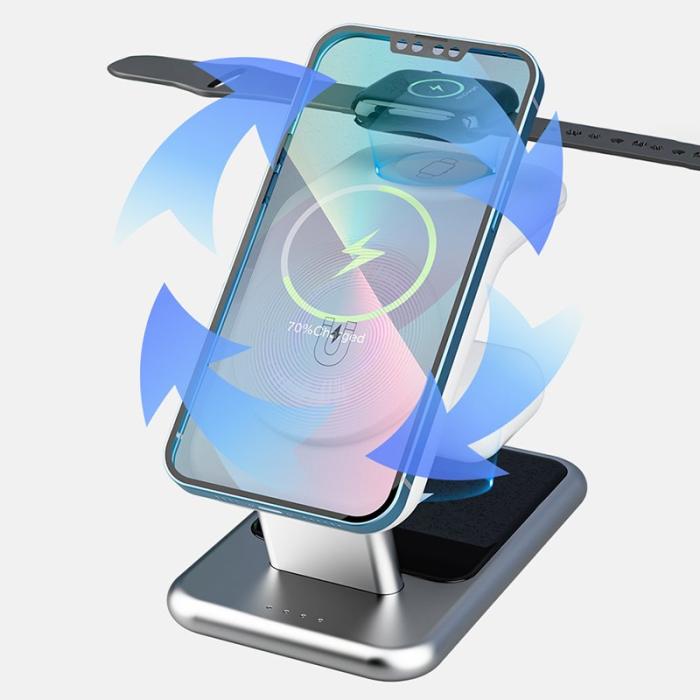 OEM - 3-i-1 15W Magnetisk Trådlös Laddare för iPhone 12/13/14 - Svart