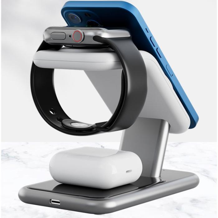 OEM - 3-i-1 15W Magnetisk Trådlös Laddare för iPhone 12/13/14 - Vit