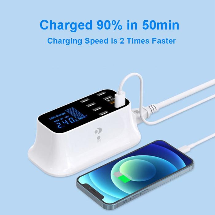 OEM - YC-CDA19Q 75W 8-portars USB Snabbladdare med skärm - EU-kontakt