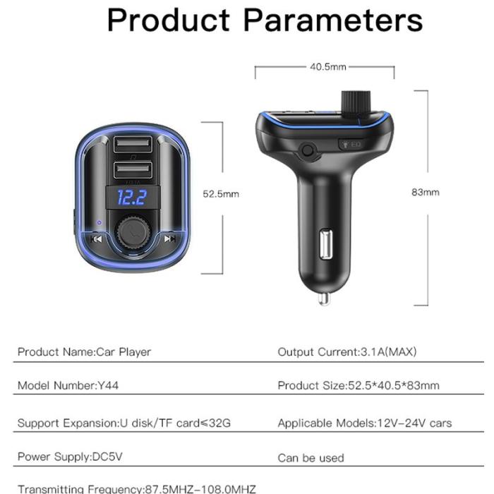 OEM - YESIDO Y44 Bluetooth FM-sändare för bil med 2 USB-portar och ljudadapter
