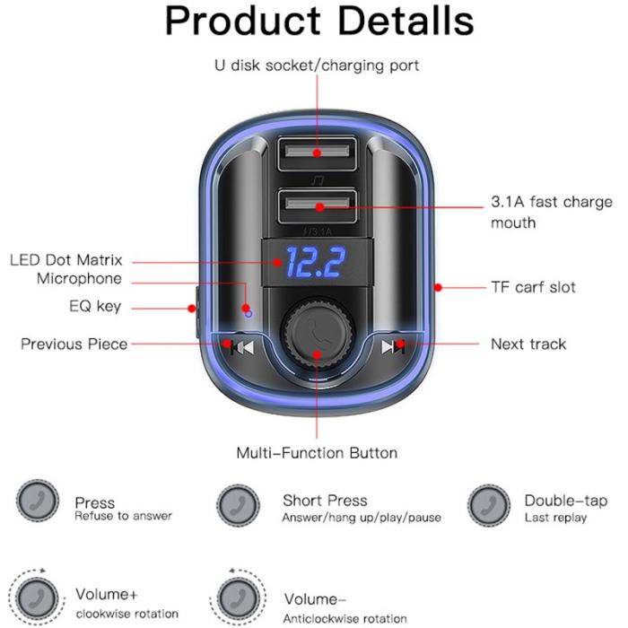 OEM - YESIDO Y44 Bluetooth FM-sändare för bil med 2 USB-portar och ljudadapter