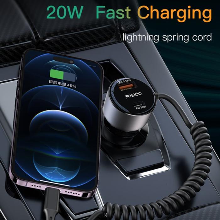 OEM - YESIDO Y57 Snabbladdare för bil 50W med spiral Lightning kabel