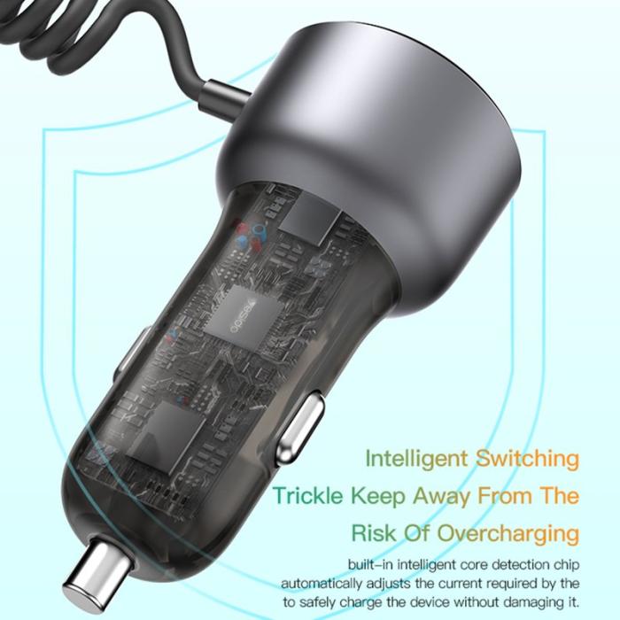 OEM - YESIDO Y57 Snabbladdare för bil 50W med spiral Lightning kabel