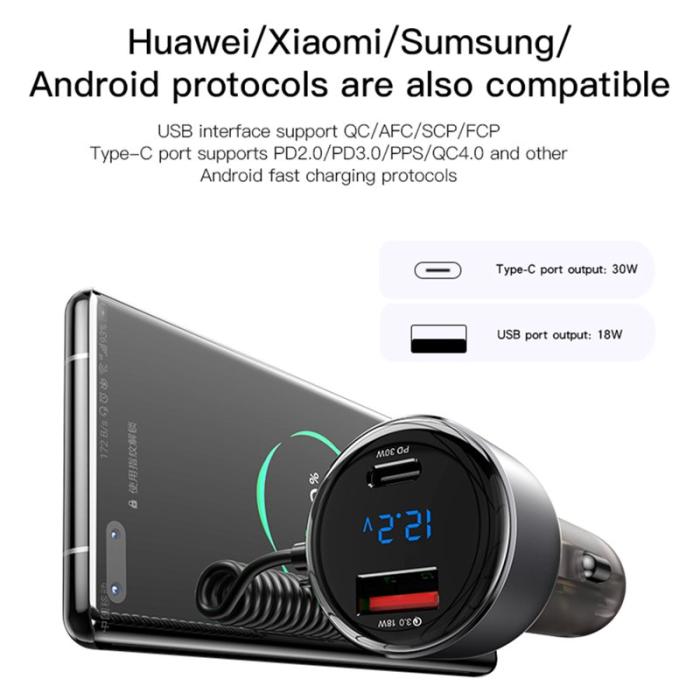 OEM - YESIDO Y58 Snabbladdare med digital display och Lightning/Type-C kabel 60W