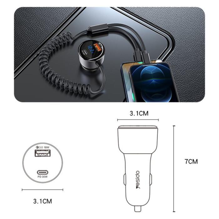 OEM - YESIDO Y58 Snabbladdare med digital display och Lightning/Type-C kabel 60W