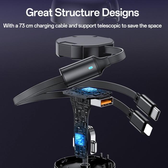 OEM - YESIDO Y61 53W Snabbladdare för bil med USB-port och 2-i-1 utdragbar kabel