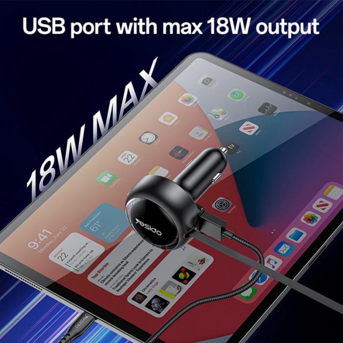 OEM - YESIDO Y61 53W Snabbladdare för bil med USB-port och 2-i-1 utdragbar kabel