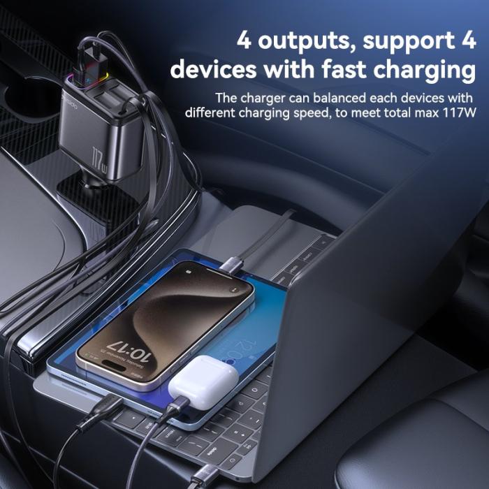 OEM - YESIDO Y63 117W Snabbladdare USB-A + Type-C Biladapter med utdragbara kablar