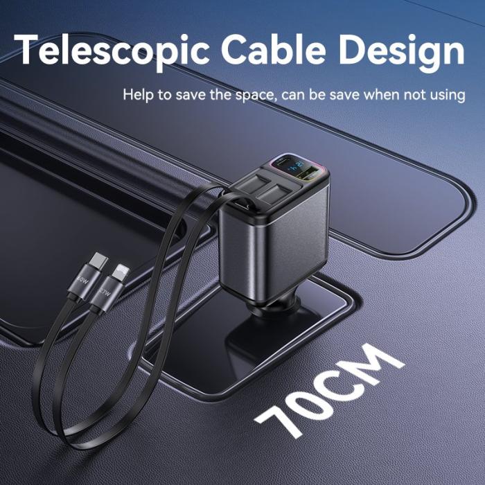 OEM - YESIDO Y63 117W Snabbladdare USB-A + Type-C Biladapter med utdragbara kablar