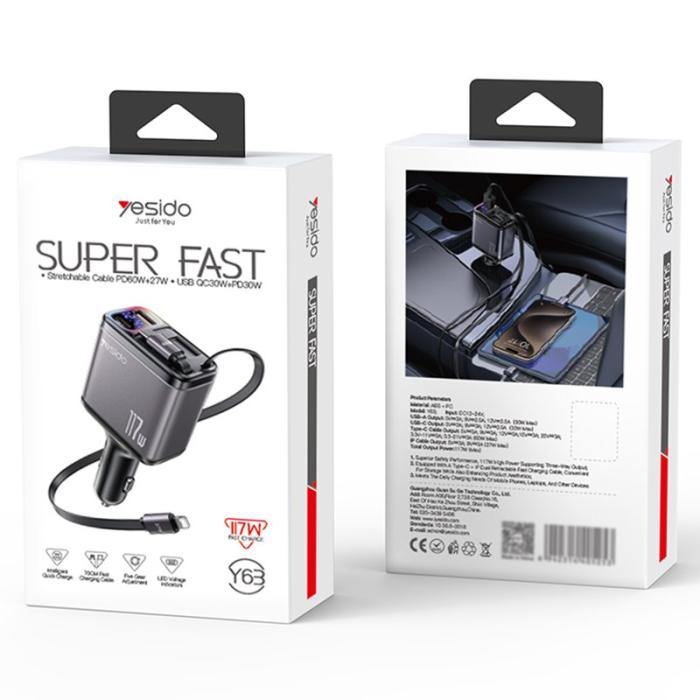 OEM - YESIDO Y63 117W Snabbladdare USB-A + Type-C Biladapter med utdragbara kablar