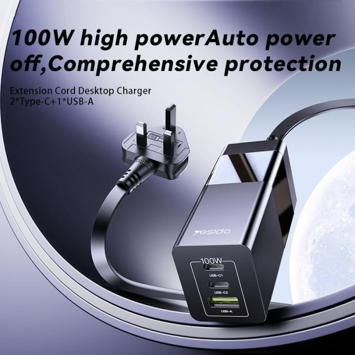 OEM - YESIDO YC77 GaN Skrivbordsladdare USB+2 Type-C - EU Kontakt