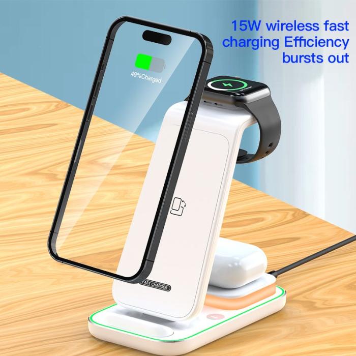 OEM - 3-i-1 15W trådlös laddare med nattlampa för iPhone, Apple Watch - Vit