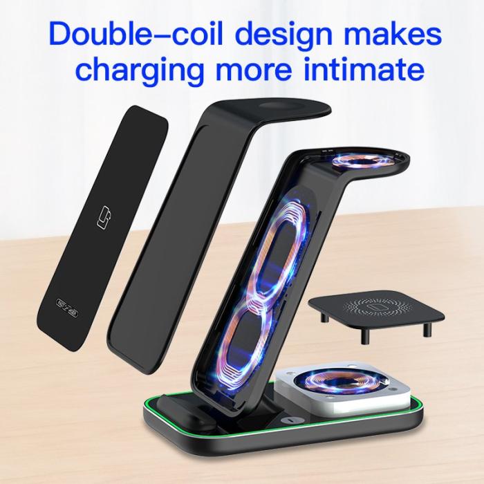 OEM - 3-i-1 15W trådlös laddare med nattlampa för iPhone, Apple Watch - Vit