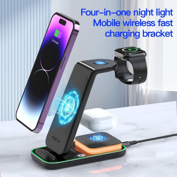 OEM - 3-i-1 15W trådlös laddare med nattlampa för iPhone, svart