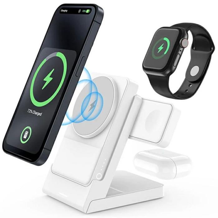 OEM - 3-i-1 Laddningsställ för klocka, hörlurar, mobil 15W - Vit+Vit