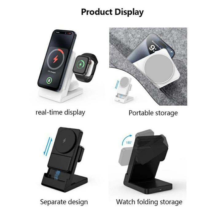 OEM - 3-i-1 laddningsställ för klocka, hörlurar och mobil - Vit+Grå