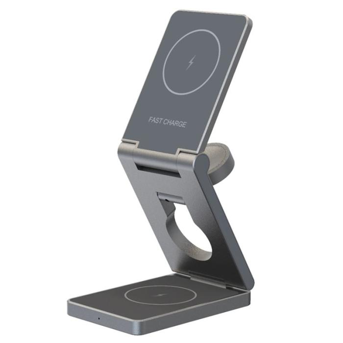 OEM - 3-i-1 Fällbar Telefon Klocka Hörlurar Aluminium 15W Trådlös Laddare