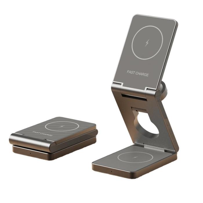 OEM - 3-i-1 Fällbar Telefon Klocka Hörlurar Aluminium 15W Trådlös Laddare