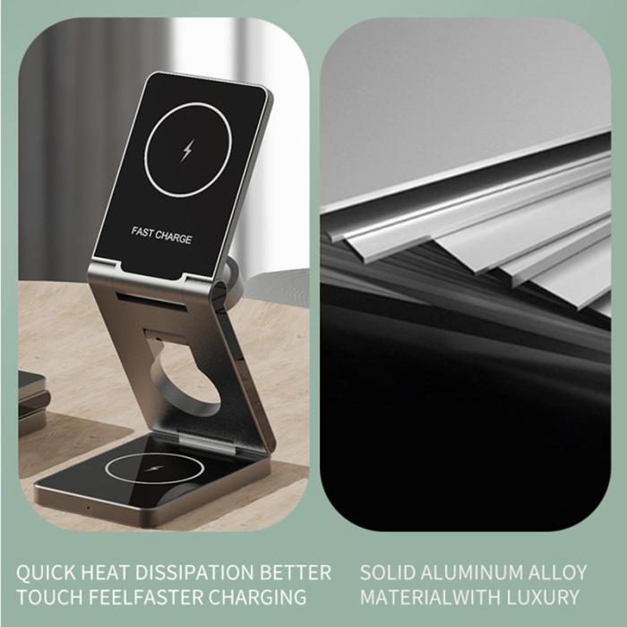 OEM - 3-i-1 Fällbar Telefon Klocka Hörlurar Aluminium 15W Trådlös Laddare