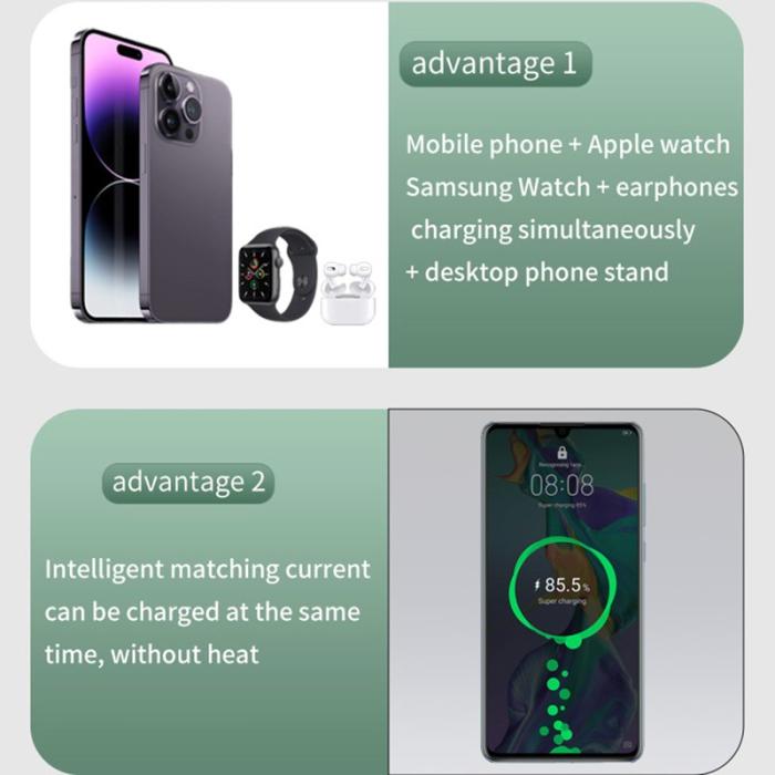 OEM - 3-i-1 Fällbar Telefon Klocka Hörlurar Aluminium 15W Trådlös Laddare