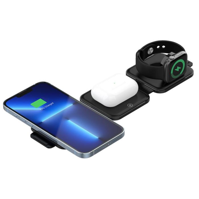 OEM - Fällbar Magnetisk Trådlös Laddare 3-i-1 för iPhone / Apple Watch - Svart