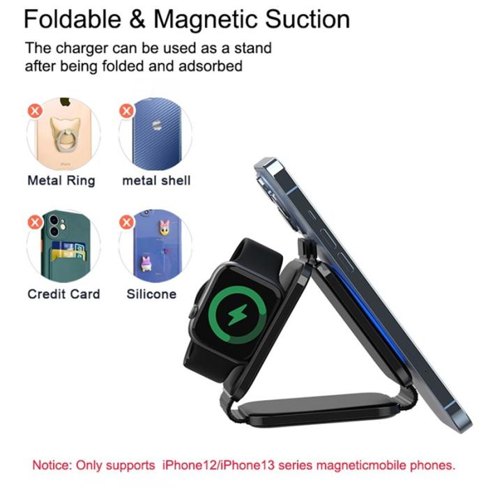OEM - Fällbar Magnetisk Trådlös Laddare 3-i-1 för iPhone / Apple Watch - Svart