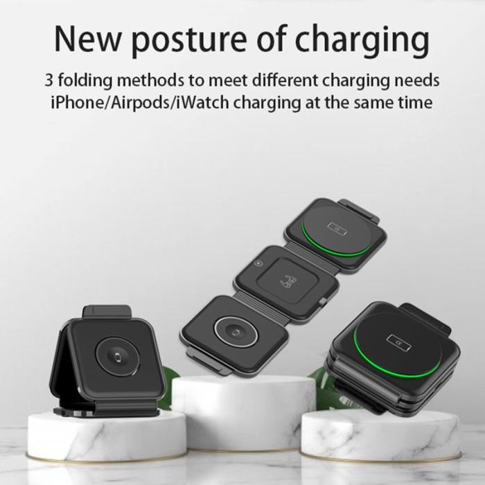 OEM - Fällbar Magnetisk Trådlös Laddare 3-i-1 för iPhone / Apple Watch - Svart