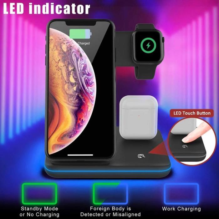 OEM - Uppgraderad 3-i-1 15W Trådlös Laddare Qi Snabbladdningsställ - Svart