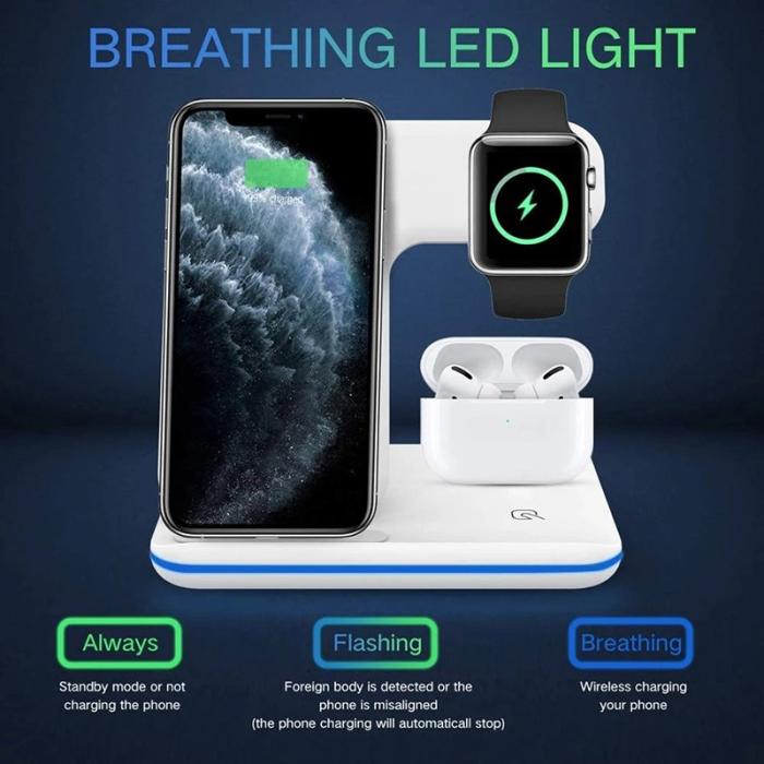 OEM - Uppgraderad 3-i-1 15W Trådlös Laddare Qi Snabbladdningsställ - Vit