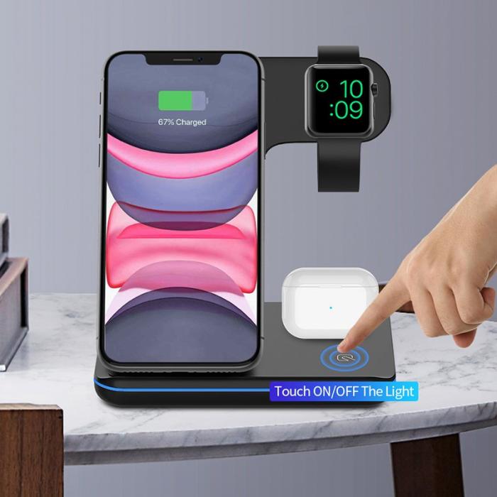 OEM - Uppgraderad 3-i-1 15W Trådlös Laddare Qi Snabbladdningsställ - Vit