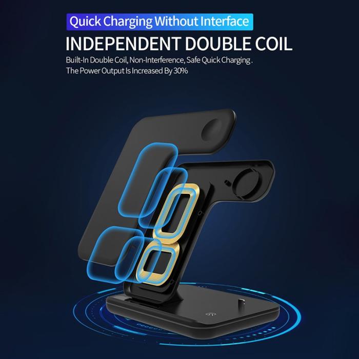 OEM - Uppgraderad 3-i-1 15W Trådlös Laddare Qi Snabbladdningsställ - Vit