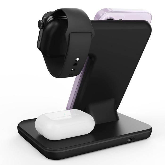 OEM - 3-i-1 Trådlös laddare för mobil, hörlurar och smartklocka, svart