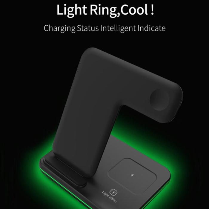 OEM - 3-i-1 Trådlös laddare för mobil, hörlurar och smartklocka, svart