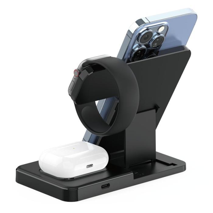 OEM - 3-i-1 15W Snabbladdare Fällbar Laddstation för Qi-enheter - Svart