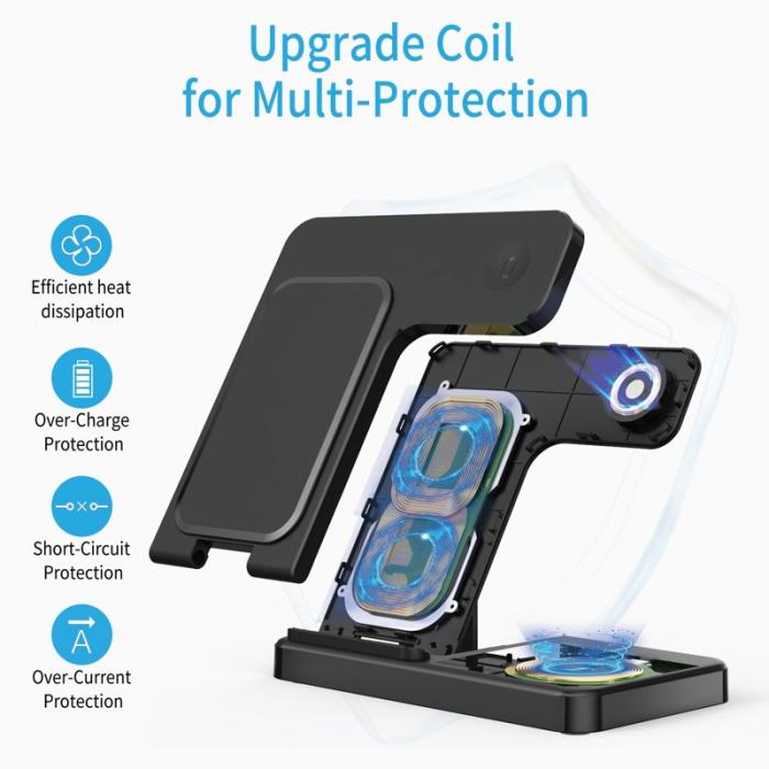OEM - 3-i-1 15W Snabbladdare Fällbar Laddstation för Qi-enheter - Svart