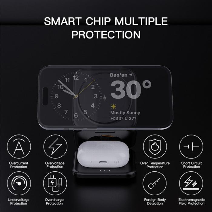 OEM - 3-i-1 Fällbar Laddstation 15W Magnetisk Trådlös Laddare - Svart