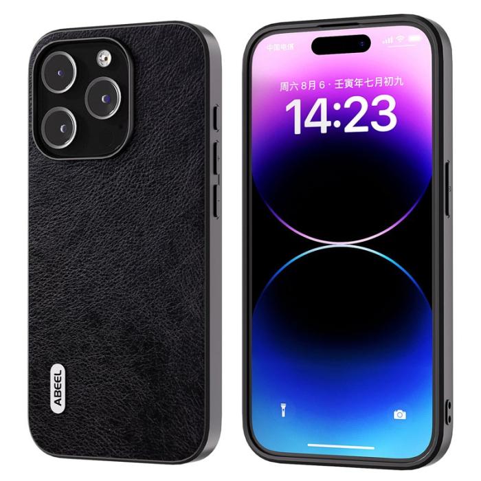 ABEEL - ABEEL Back Shell Mobilskal till iPhone 15 Pro Litchi Textur PU Läder Svart