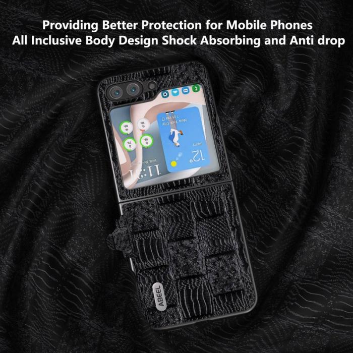 ABEEL - ABEEL Galaxy Z Flip5 Mobilskal Mahjong Textur Äkta Läder Svart