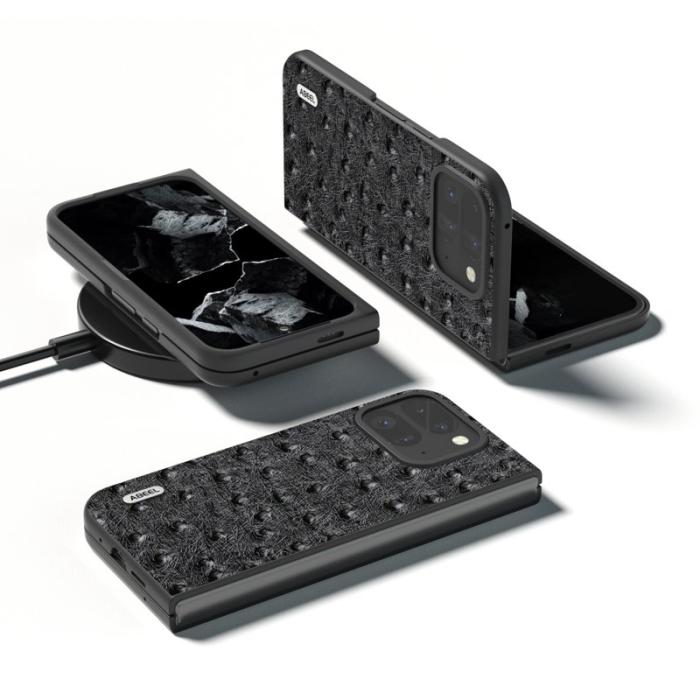 ABEEL - ABEEL Google Pixel 9 Pro Fold 5G Skal Äkta Läder Ostrich Svart