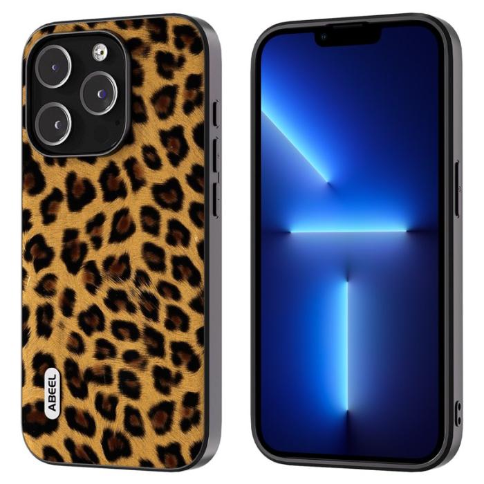 ABEEL - ABEEL iPhone 13 Pro Slim Case Leopard Textur Gold PU Läder