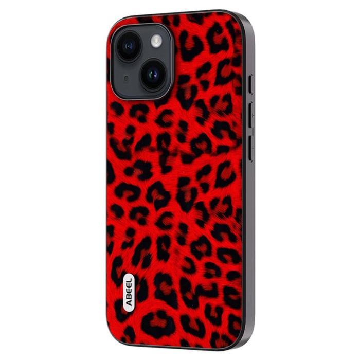 ABEEL - ABEEL iPhone 13 Skal Leopard Textur PU Läder + TPU Röd