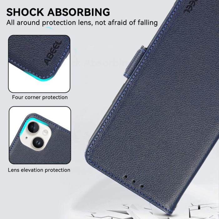 ABEEL - ABEEL iPhone 14 Fodral Litchi Textur RFID Blockering Blå