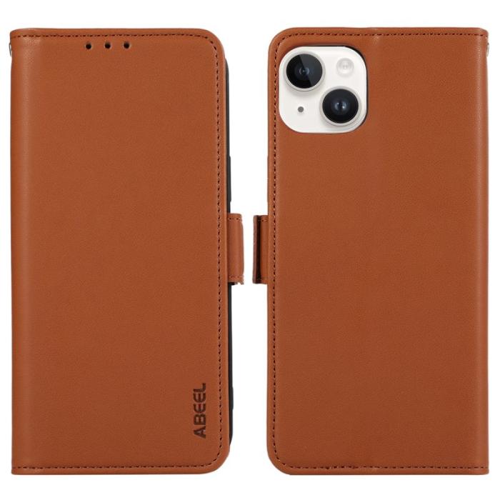 ABEEL - ABEEL iPhone 14 Fodral PU Läder Ställ RFID Blockerande - Brun