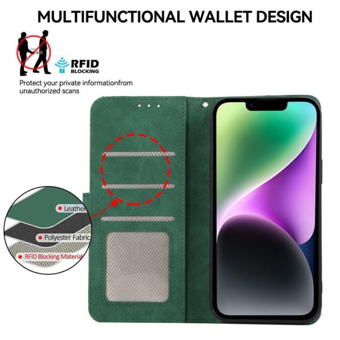 ABEEL - ABEEL iPhone 14 Fodral Wallet RFID Blocker Grön Läder Flip Cover