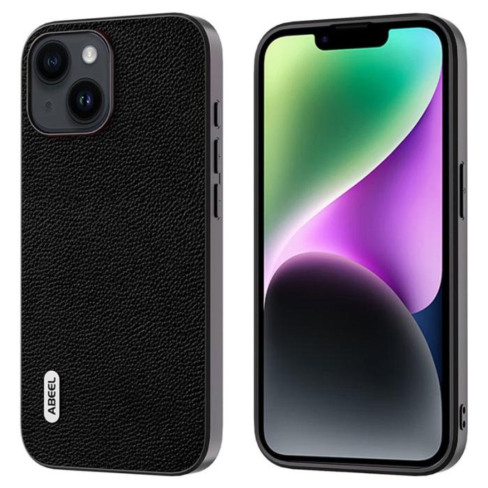 ABEEL - ABEEL iPhone 14 Litchi Texture Skal i Läder och TPU - Svart