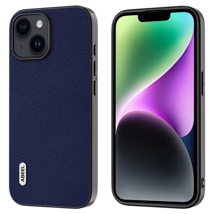 ABEEL - ABEEL iPhone 14 Plus Skal Litchi Textur Läder + PC + TPU Blå