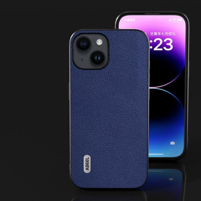 ABEEL - ABEEL iPhone 14 Plus Skal Litchi Textur Läder + PC + TPU Blå
